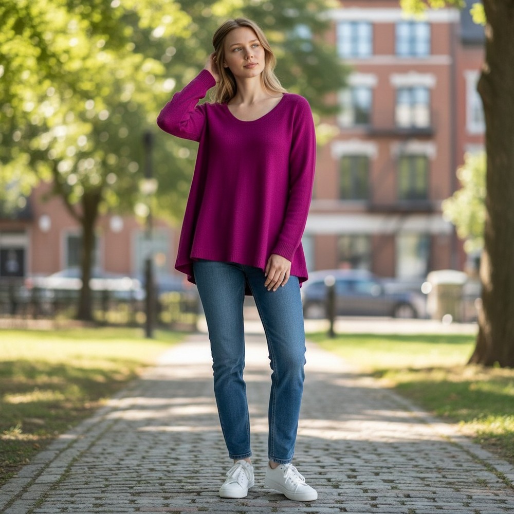 Sigrid Olsen Signature Magenta Wool Cashmere V-Neck Sweater XS Curved Hem
